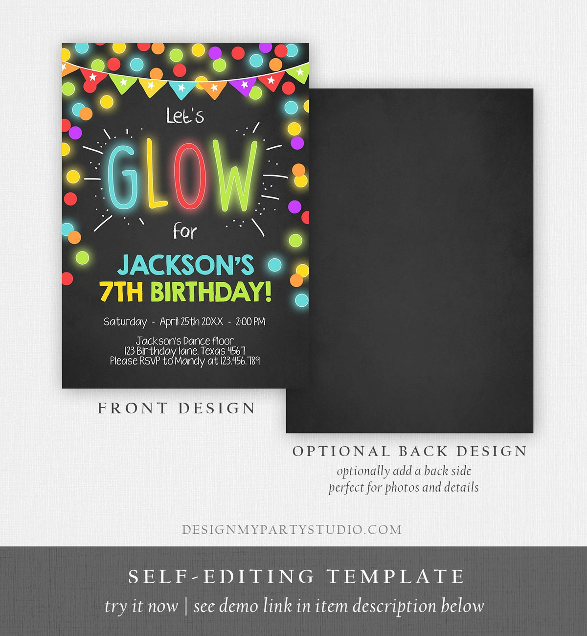 Editable Glow Birthday Invitation Glow Party Invite Neon Glow In The Dark Party Boys Teen Pink Download Printable Template Corjl 0310