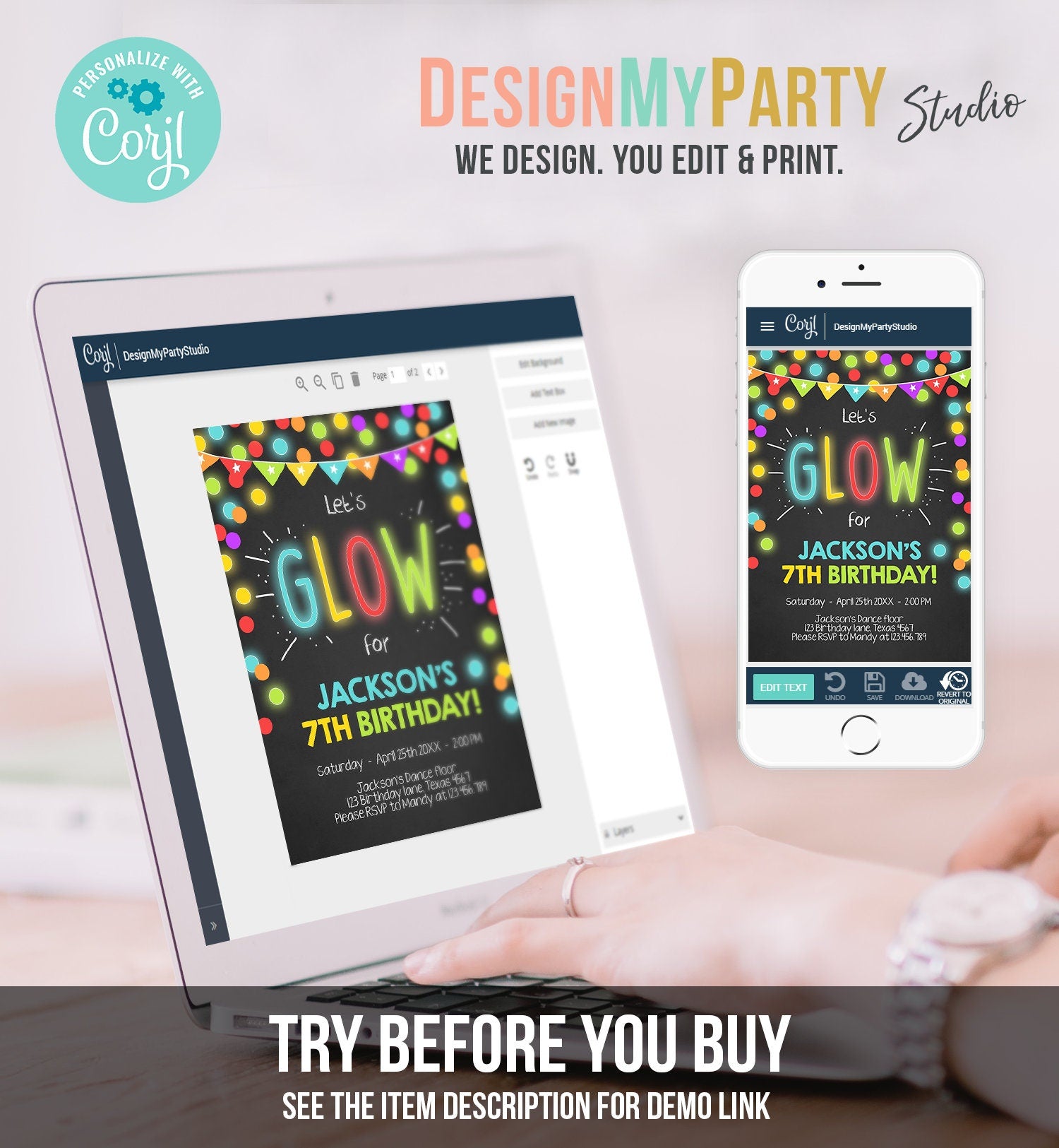 Editable Glow Birthday Invitation Glow Party Invite Neon Glow In The Dark Party Boys Teen Pink Download Printable Template Corjl 0310