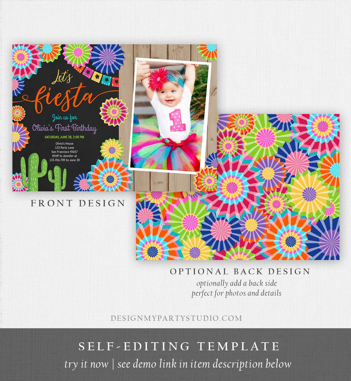 Editable Let&#39;s Fiesta Birthday Invitation ANY AGE Girl First Birthday Uno Cactus Cinco Mayo Mexican Download Corjl Template Printable 0236