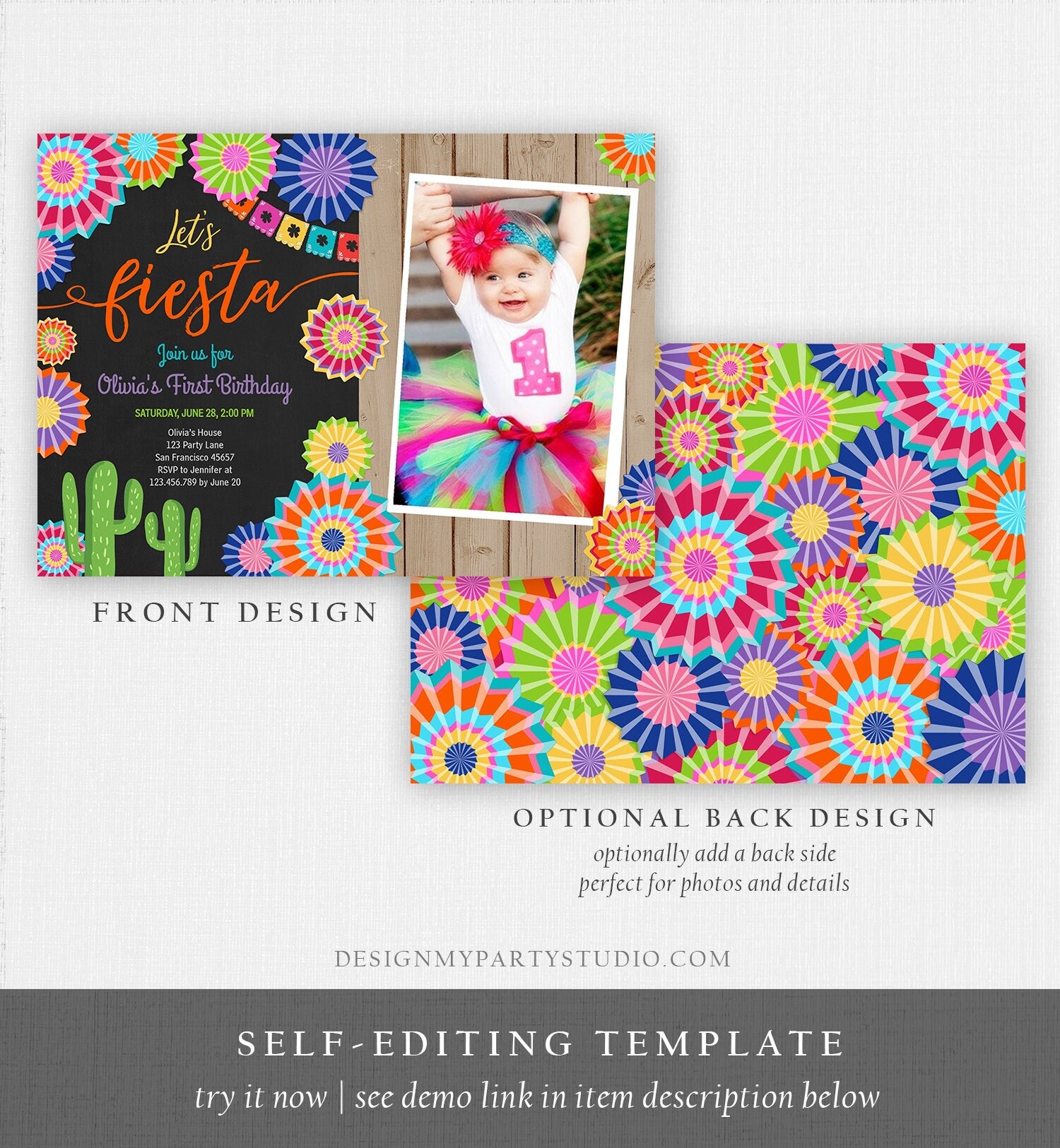 Editable Let's Fiesta Birthday Invitation ANY AGE Girl First Birthday Uno Cactus Cinco Mayo Mexican Download Corjl Template Printable 0236