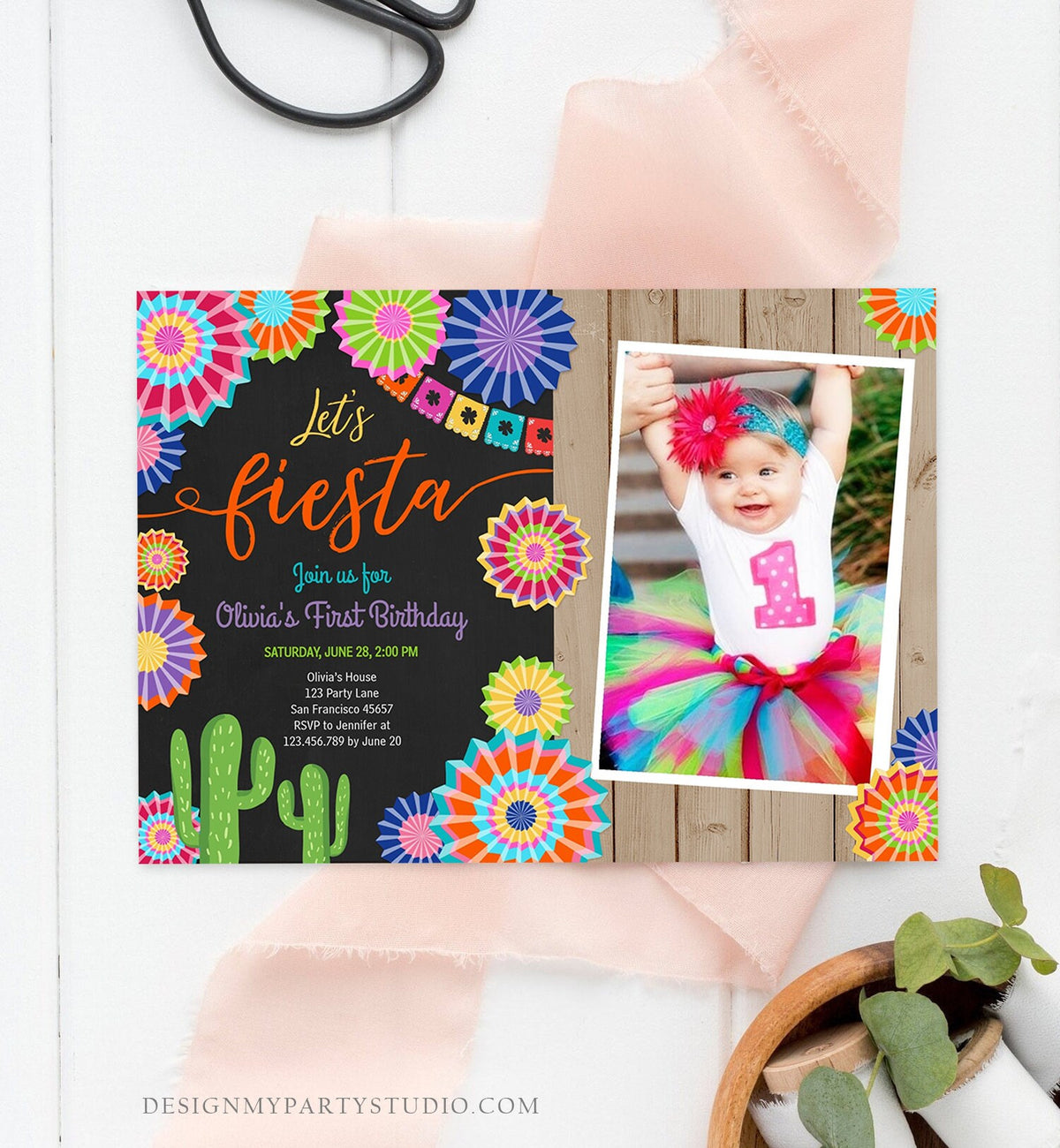 Editable Let&#39;s Fiesta Birthday Invitation ANY AGE Girl First Birthday Uno Cactus Cinco Mayo Mexican Download Corjl Template Printable 0236