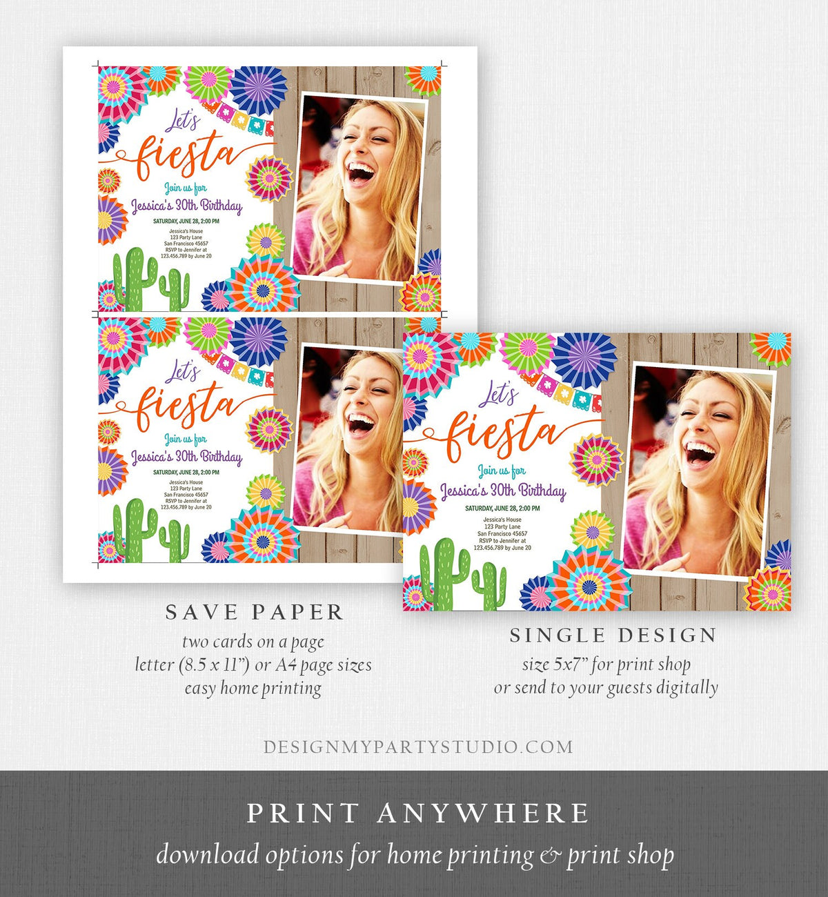 Editable Let&#39;s Fiesta Birthday Invitation ANY AGE Girl Woman Adult 30th Cactus Cinco Mayo Mexican Party Photo Corjl Template Printable 0236