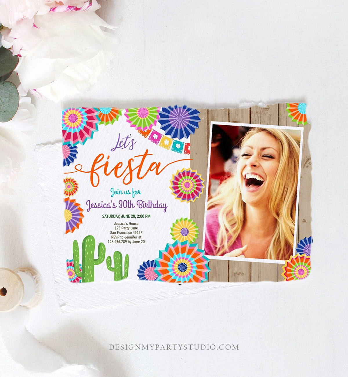 Editable Let&#39;s Fiesta Birthday Invitation ANY AGE Girl Woman Adult 30th Cactus Cinco Mayo Mexican Party Photo Corjl Template Printable 0236
