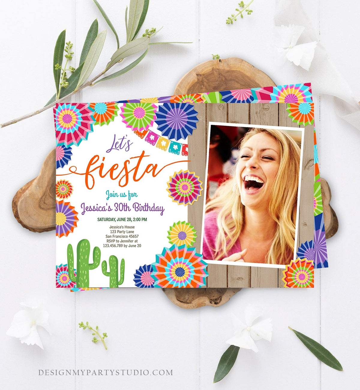 Editable Let&#39;s Fiesta Birthday Invitation ANY AGE Girl Woman Adult 30th Cactus Cinco Mayo Mexican Party Photo Corjl Template Printable 0236
