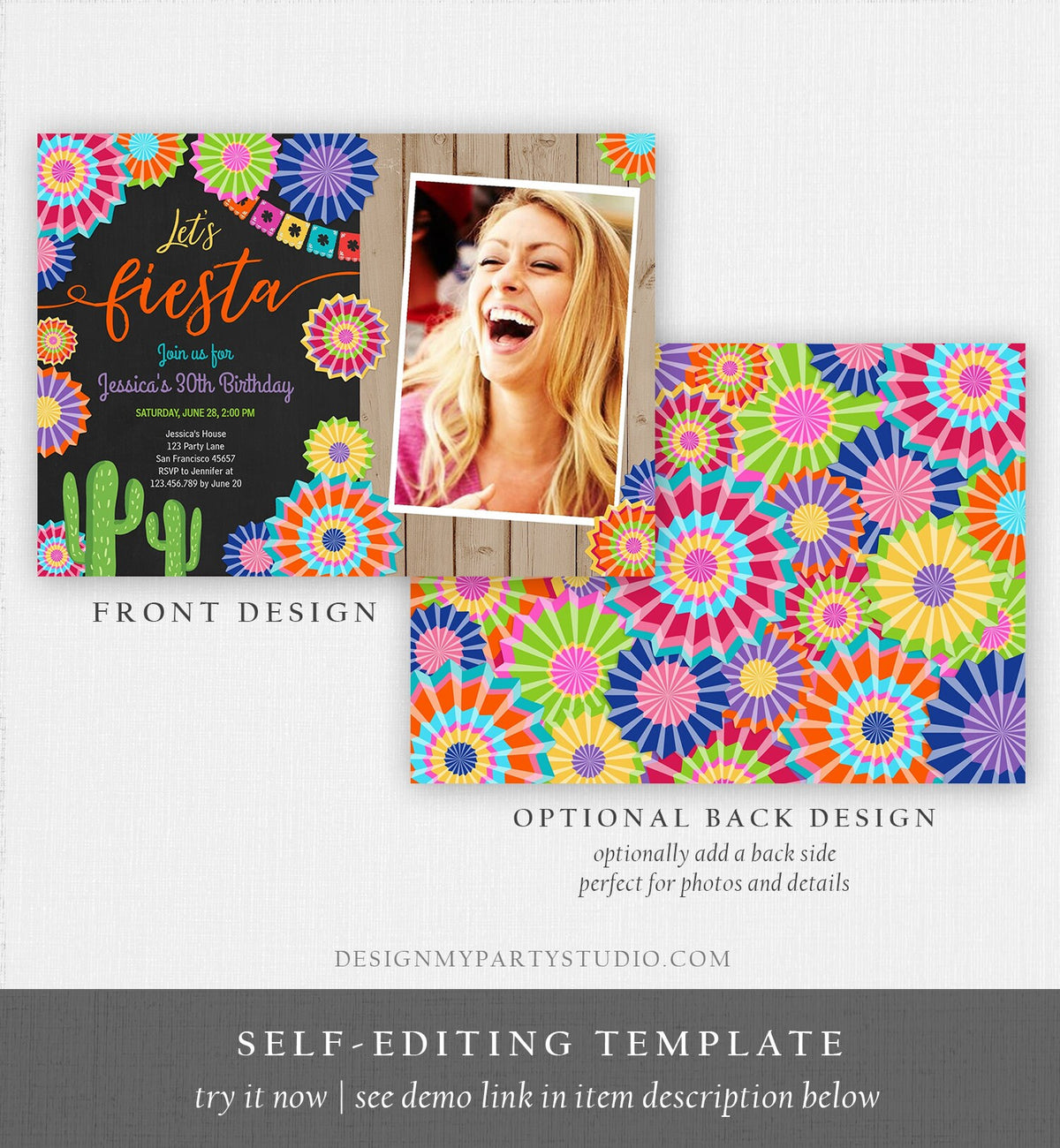 Editable Let&#39;s Fiesta Birthday Invitation ANY AGE Girl Woman Adult 30th Cactus Cinco Mayo Mexican Party Photo Corjl Template Printable 0236