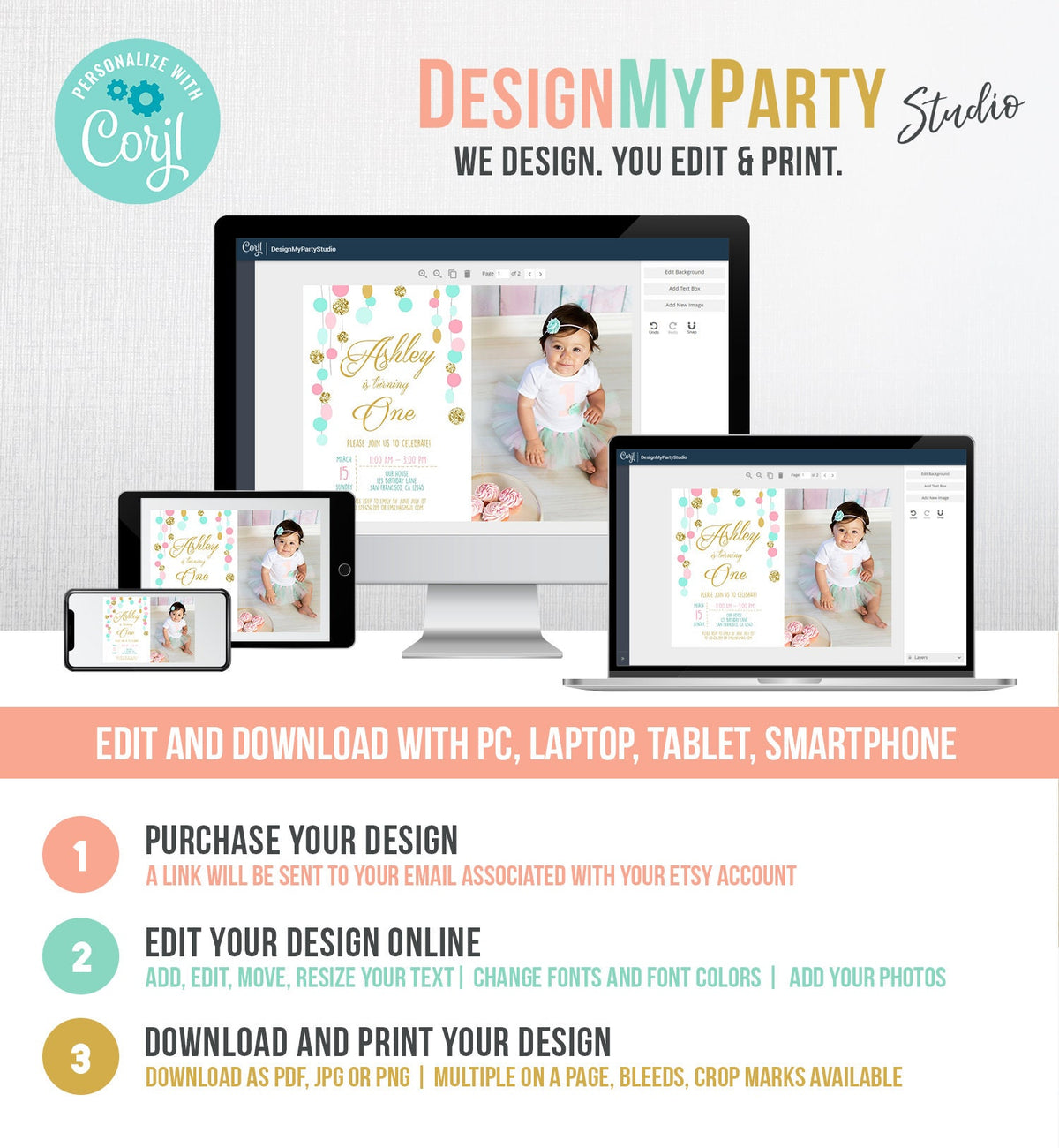 Editable Birthday Invitation Girl Confetti Pink Mint Gold First Birthday 1st Birthday Simple Printable Invite Template Corjl Digital 0245