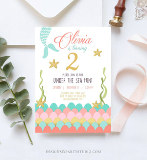 Editable Mermaid Birthday Invitation First Birthday Under The Sea Girl Coral and Gold Starfish Download Printable Invite Template Corjl 0021