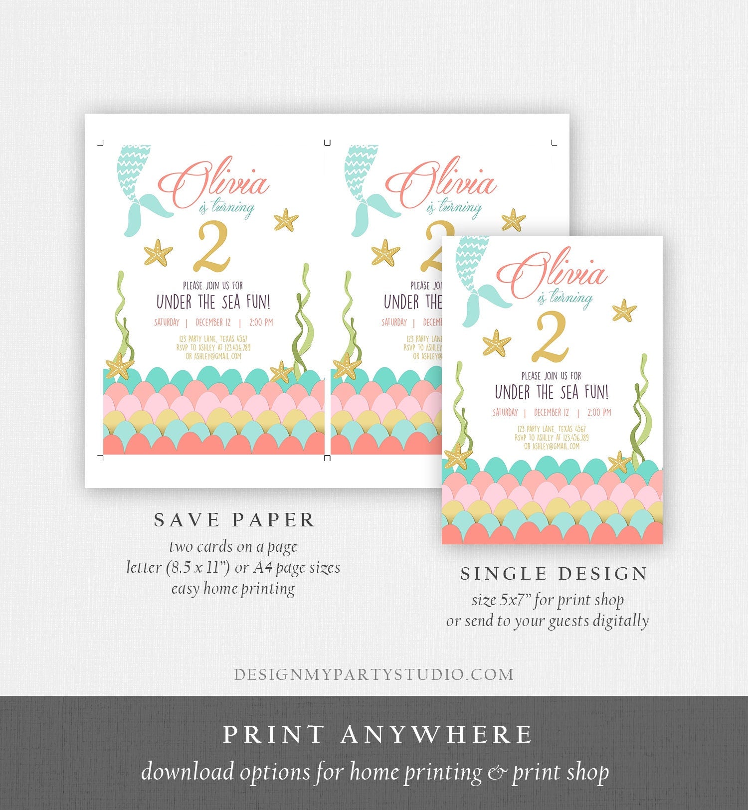 Editable Mermaid Birthday Invitation First Birthday Under The Sea Girl Coral and Gold Starfish Download Printable Invite Template Corjl 0021