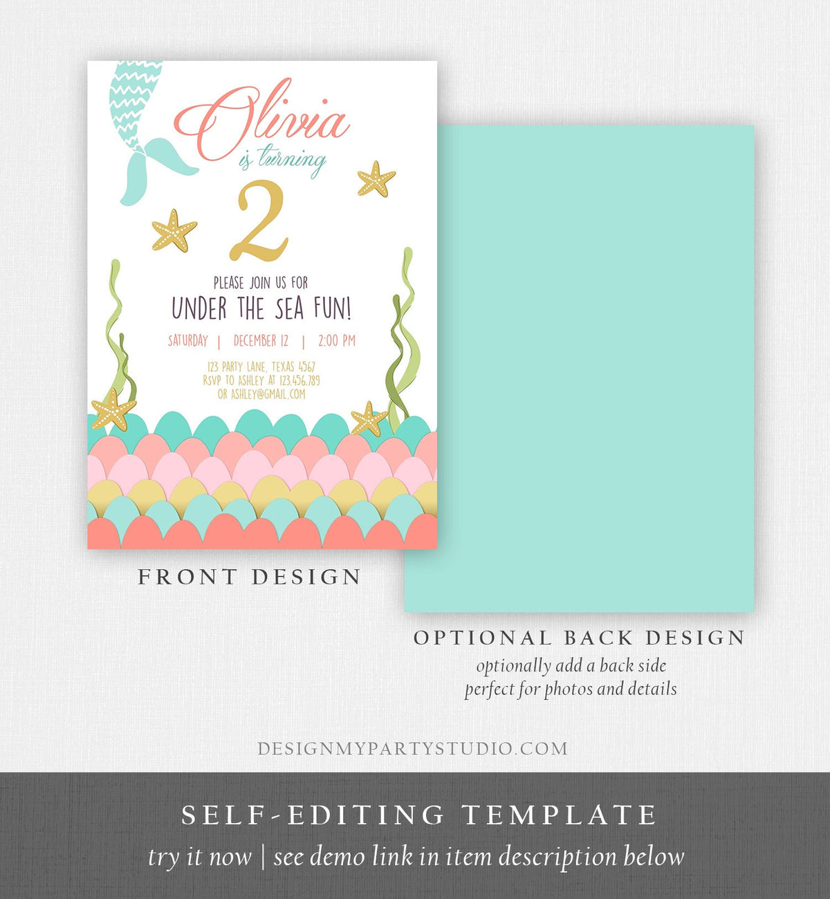 Editable Mermaid Birthday Invitation First Birthday Under The Sea Girl Coral and Gold Starfish Download Printable Invite Template Corjl 0021