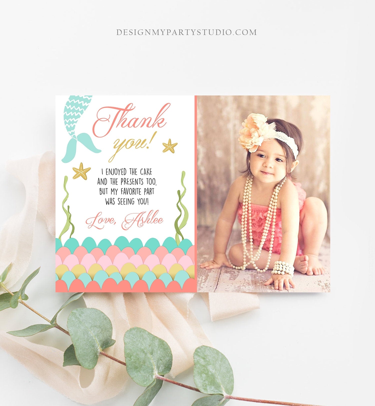 Editable Mermaid Thank you Card Coral Mint Gold Under The Sea Thank you Note Birthday Girl Download Printable Template Corjl Digital 0021