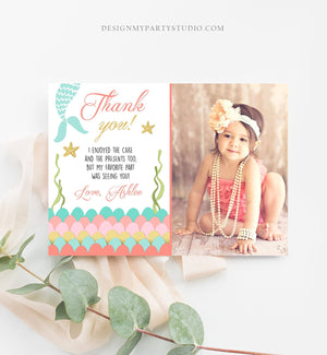 Editable Mermaid Thank you Card Coral Mint Gold Under The Sea Thank you Note Birthday Girl Download Printable Template Corjl Digital 0021
