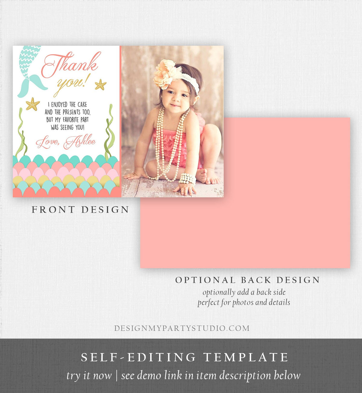 Editable Mermaid Thank you Card Coral Mint Gold Under The Sea Thank you Note Birthday Girl Download Printable Template Corjl Digital 0021