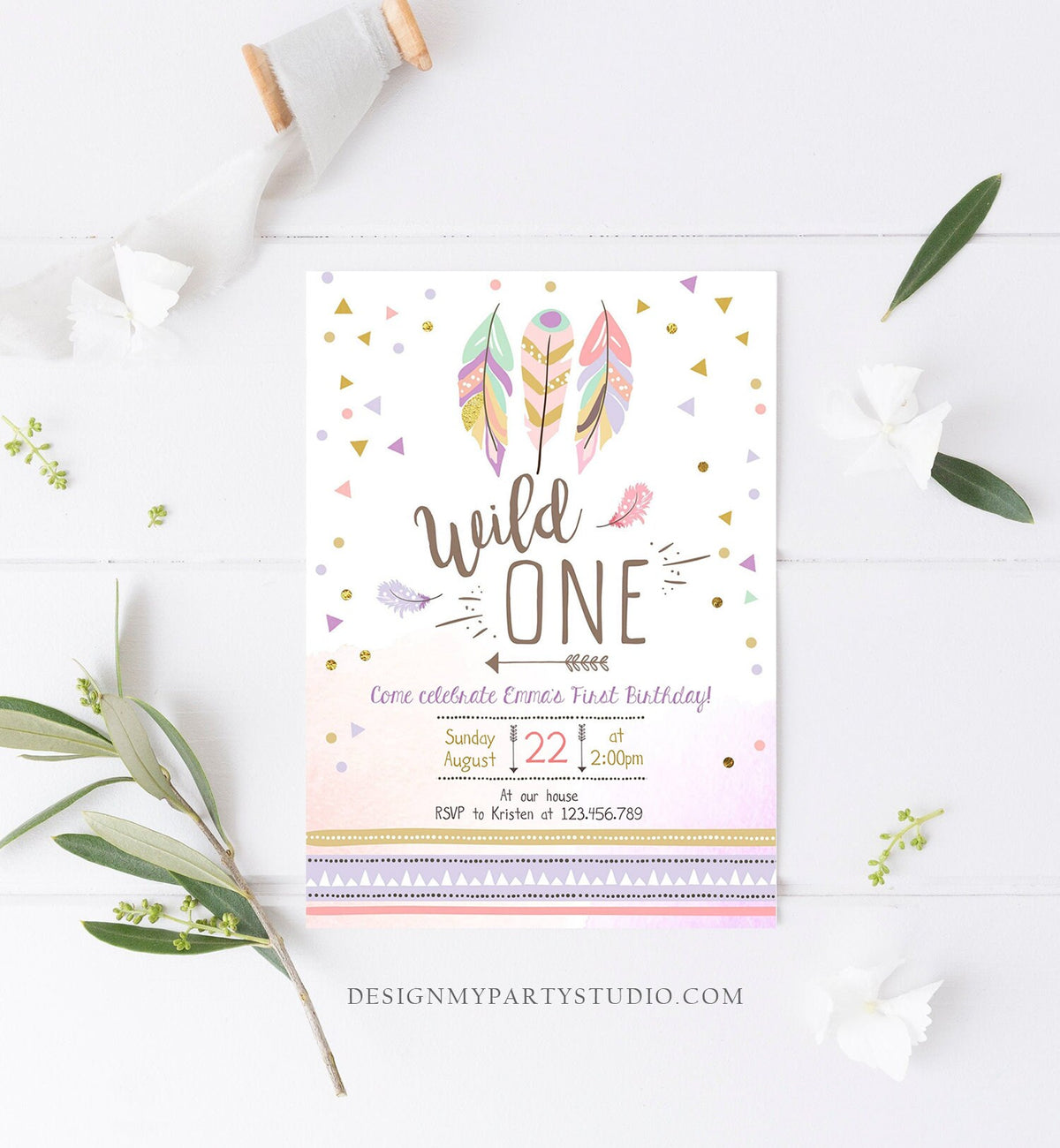 Editable Birthday Invitation Wild One Girl Invite Tribal Boho Arrow Feathers Pink Purple Download Printable Template Digital Corjl 0073