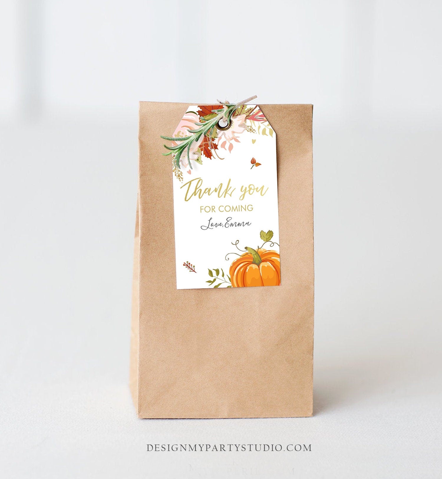 Editable Pumpkin Favor Tags Thank You Tag Fall In Love Bridal Shower Autumn Floral Flowers Pink Gold Orange Rustic Corjl Template 0176