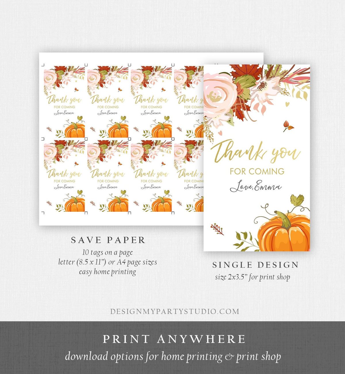 Editable Pumpkin Favor Tags Thank You Tag Fall In Love Bridal Shower Autumn Floral Flowers Pink Gold Orange Rustic Corjl Template 0176