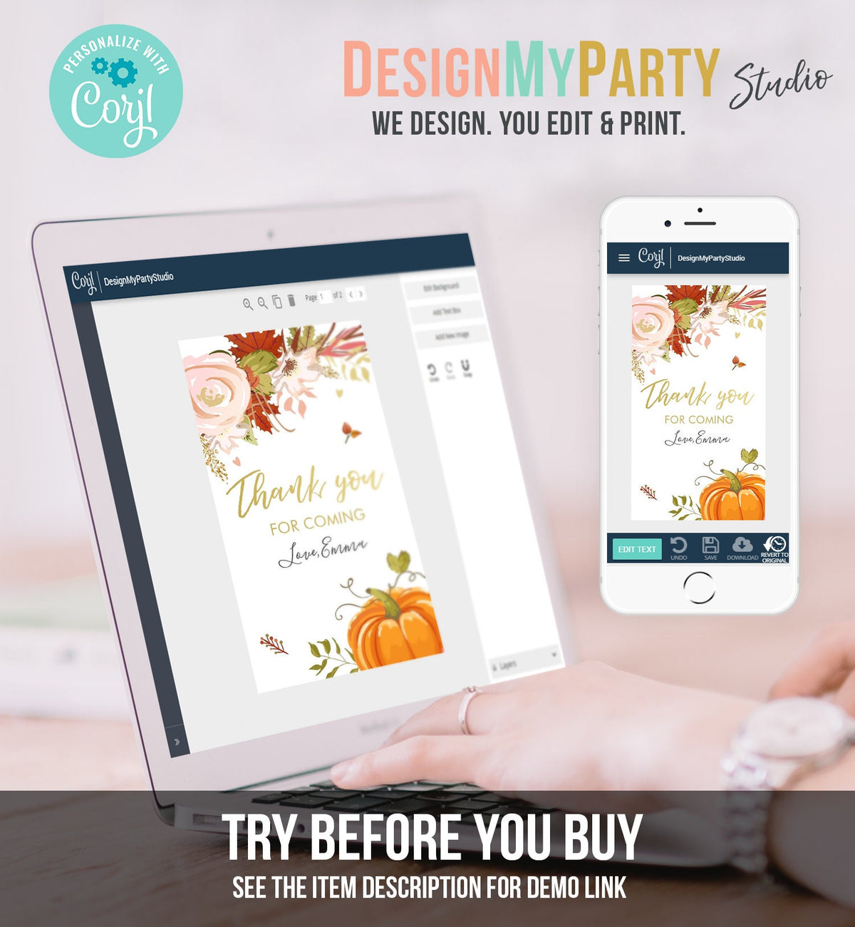 Editable Pumpkin Favor Tags Thank You Tag Fall In Love Bridal Shower Autumn Floral Flowers Pink Gold Orange Rustic Corjl Template 0176