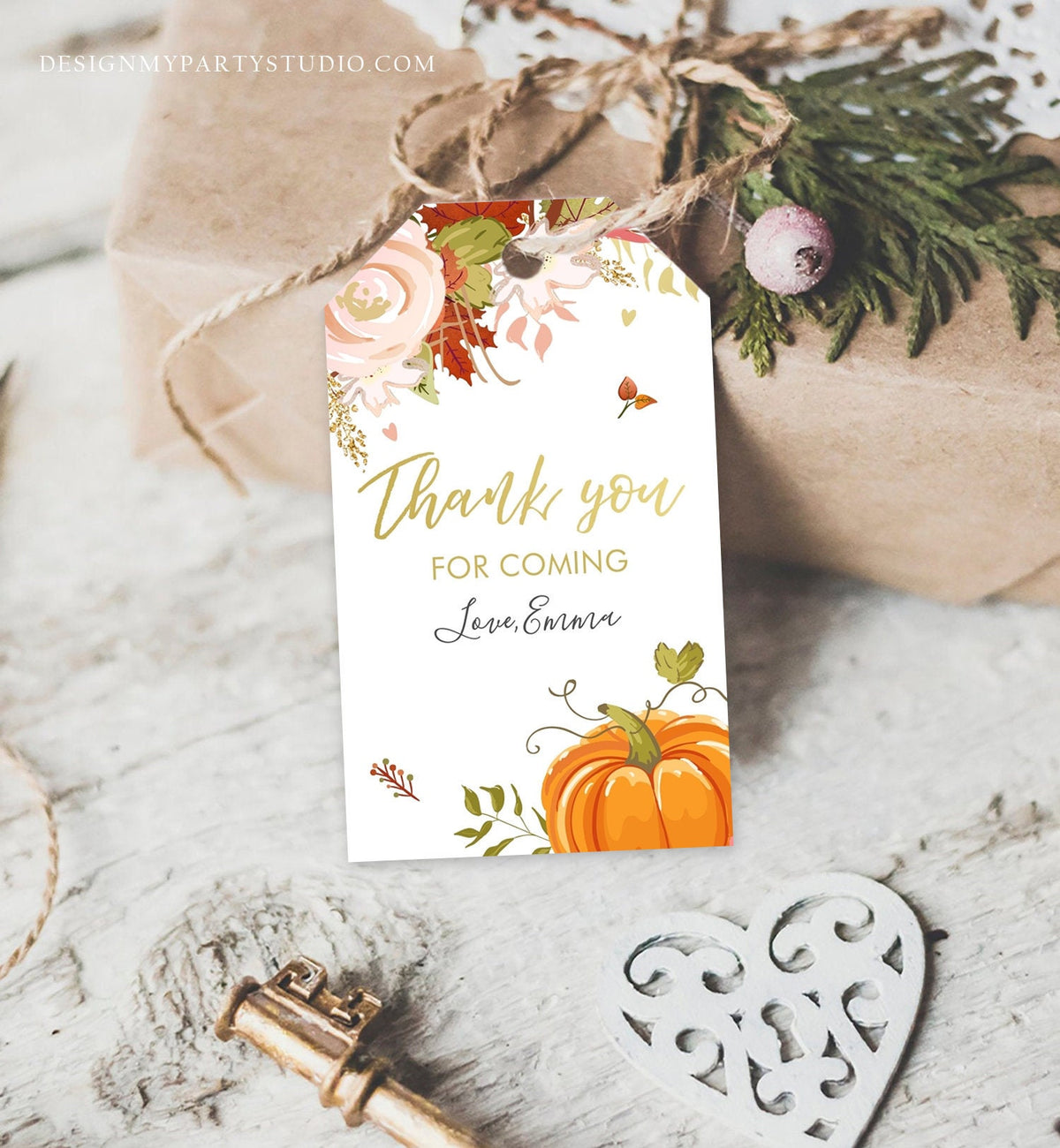 Editable Pumpkin Favor Tags Thank You Tag Fall In Love Bridal Shower Autumn Floral Flowers Pink Gold Orange Rustic Corjl Template 0176
