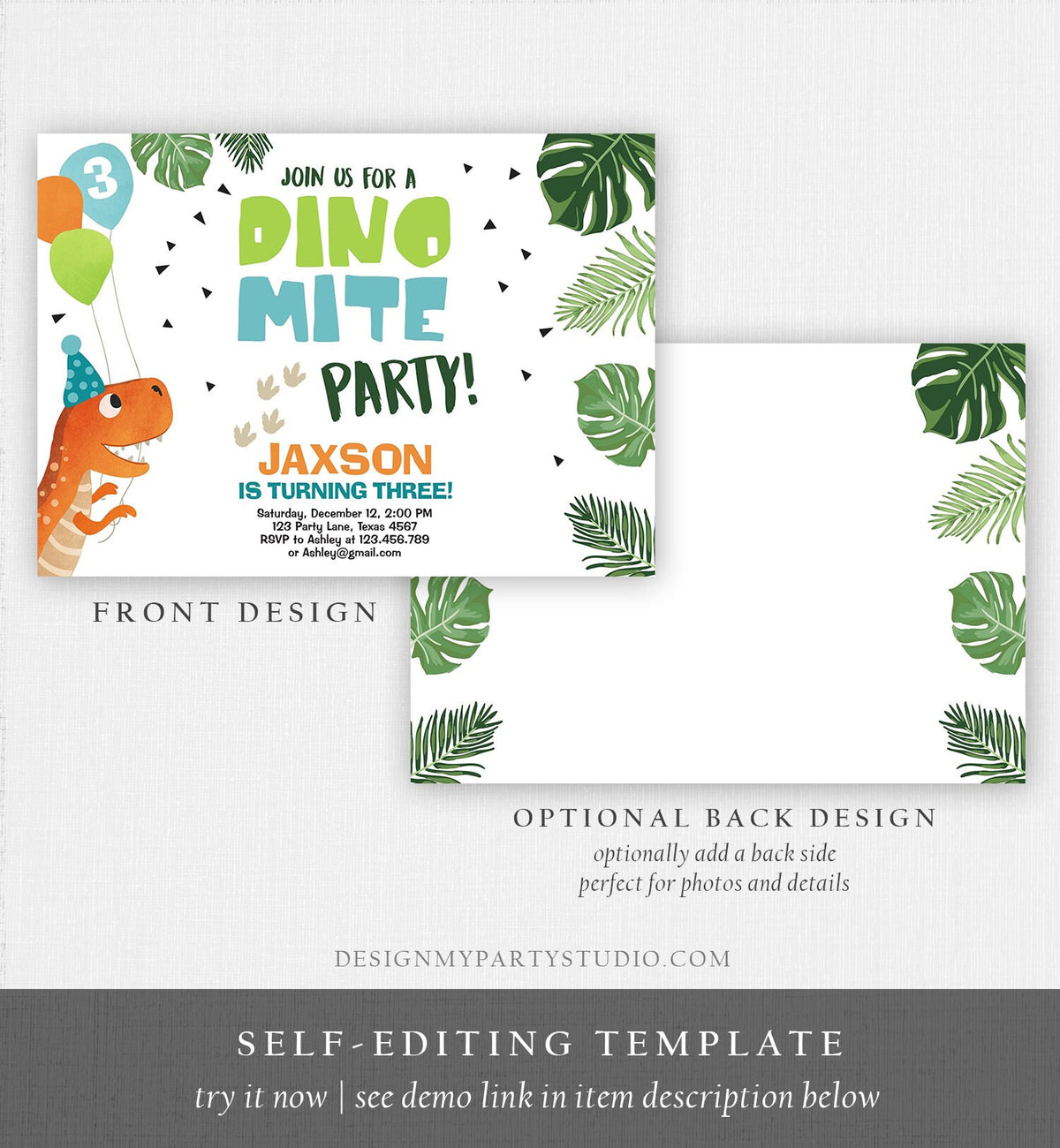 Editable Dinosaur Birthday Invitation Dino mite T-Rex Dig Party Prehistoric Boy Dino Fossil Download Printable Invite Template Corjl 0074