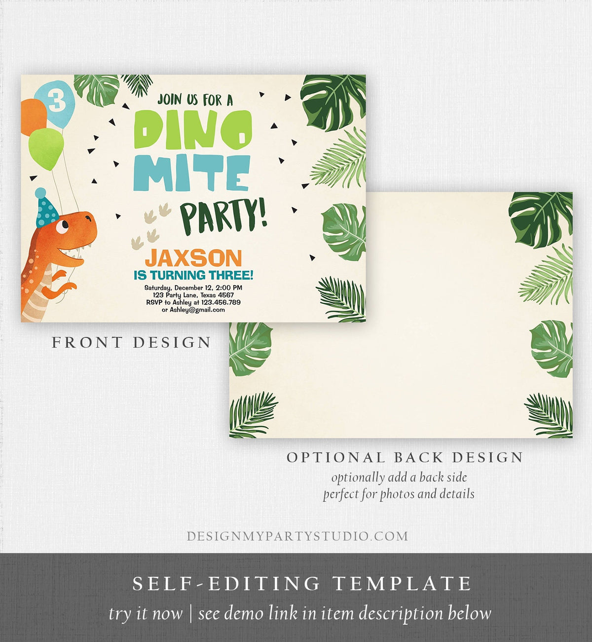 Editable Dinosaur Birthday Invitation Dino mite T-Rex Dig Party Prehistoric Boy Dino Fossil Download Printable Invite Template Corjl 0074