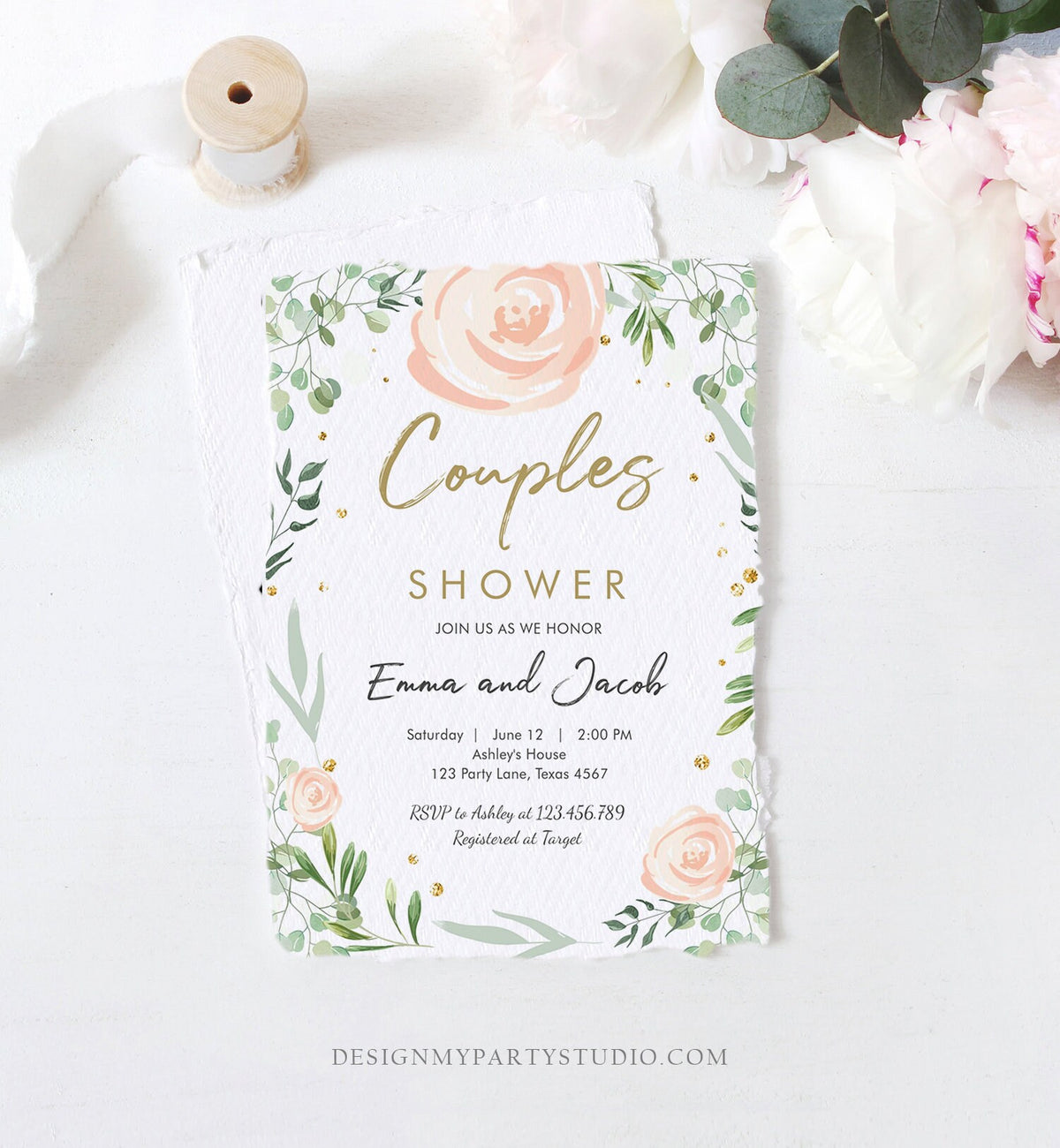 Editable Bohemian Couples Shower Invitation Eucalyptus Greenery Pink Floral Wedding Shower Instant Download Corjl Template Printable 0253