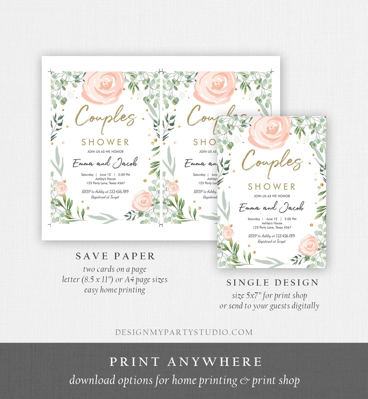Editable Bohemian Couples Shower Invitation Eucalyptus Greenery Pink Floral Wedding Shower Instant Download Corjl Template Printable 0253