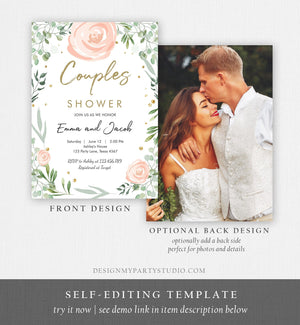 Editable Bohemian Couples Shower Invitation Eucalyptus Greenery Pink Floral Wedding Shower Instant Download Corjl Template Printable 0253
