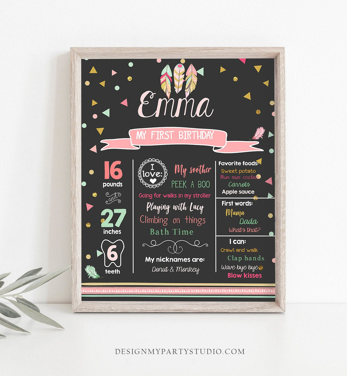 Editable Wild One Birthday Milestones Sign Boho Tribal Feathers First Birthday 1st Birthday Girl Pink Download Corjl Template Printable 0073