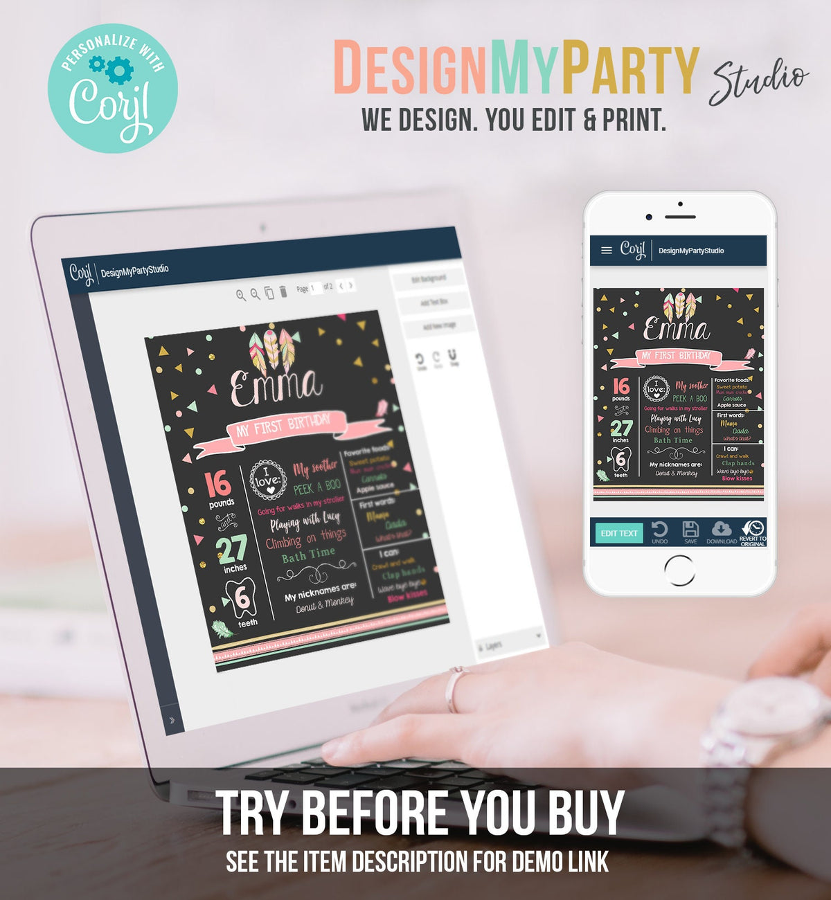 Editable Wild One Birthday Milestones Sign Boho Tribal Feathers First Birthday 1st Birthday Girl Pink Download Corjl Template Printable 0073