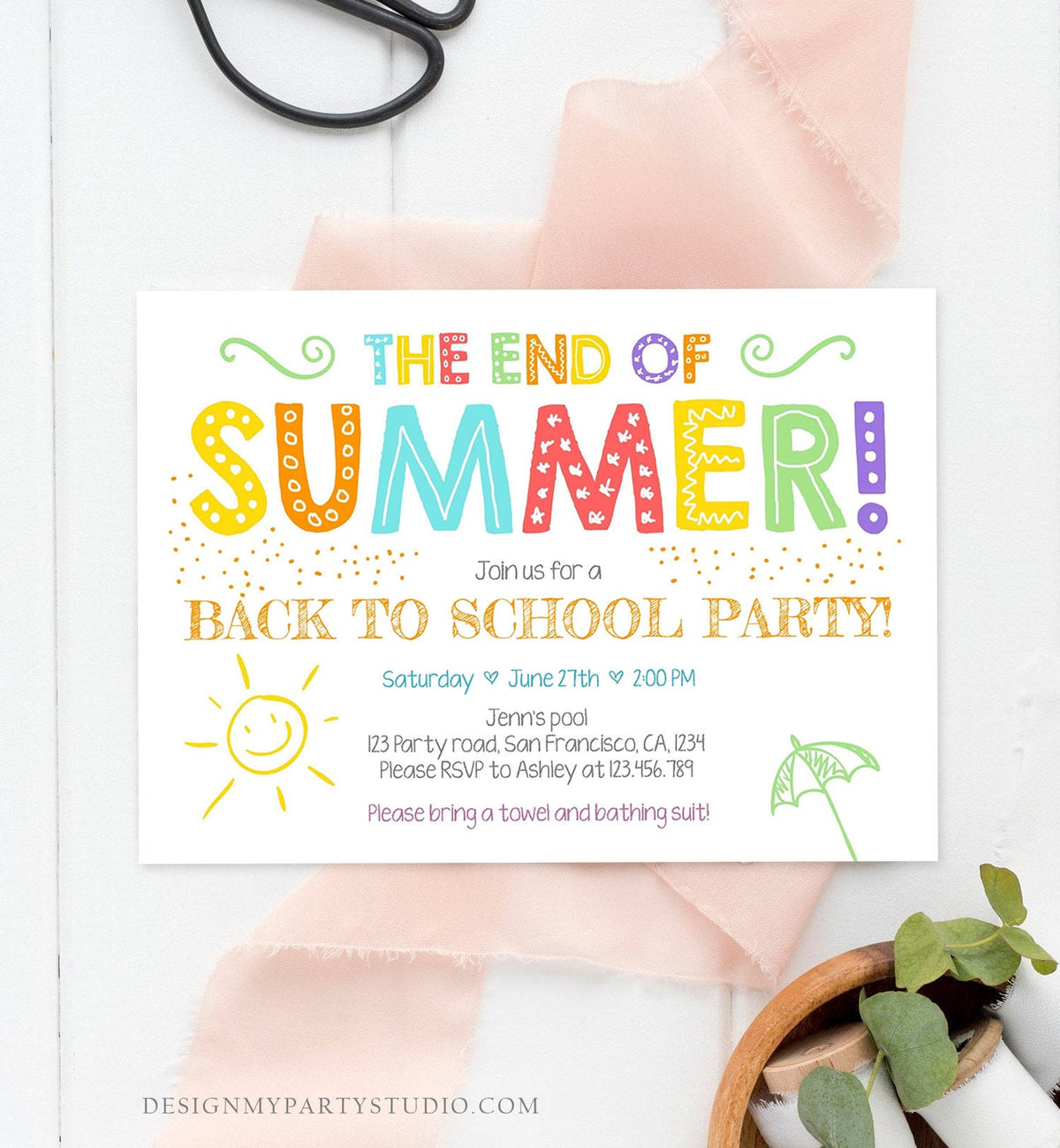 Editable End Of The Summer Pool Party Invitation Back to School Splish Splash Birthday Swimming Download Corjl Template Printable 0156
