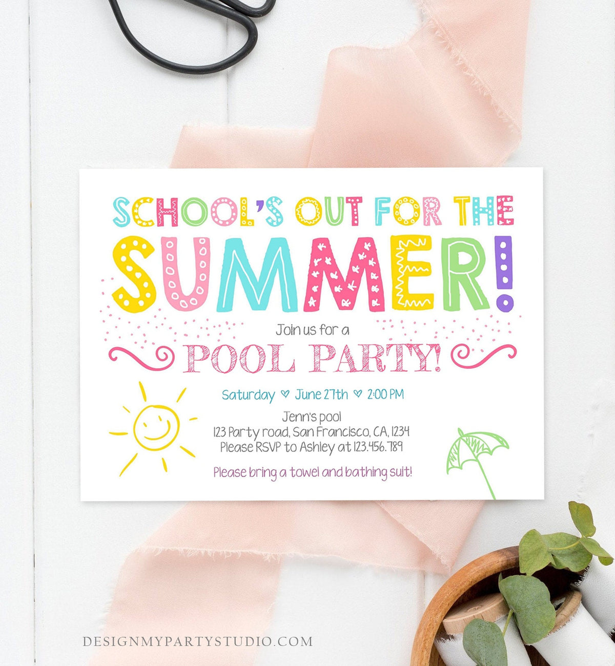 Editable School&#39;s Out For The Summer Pool Party Invitation Pink Girl Splish Splash Birthday Swimming Download Corjl Template Printable 0156