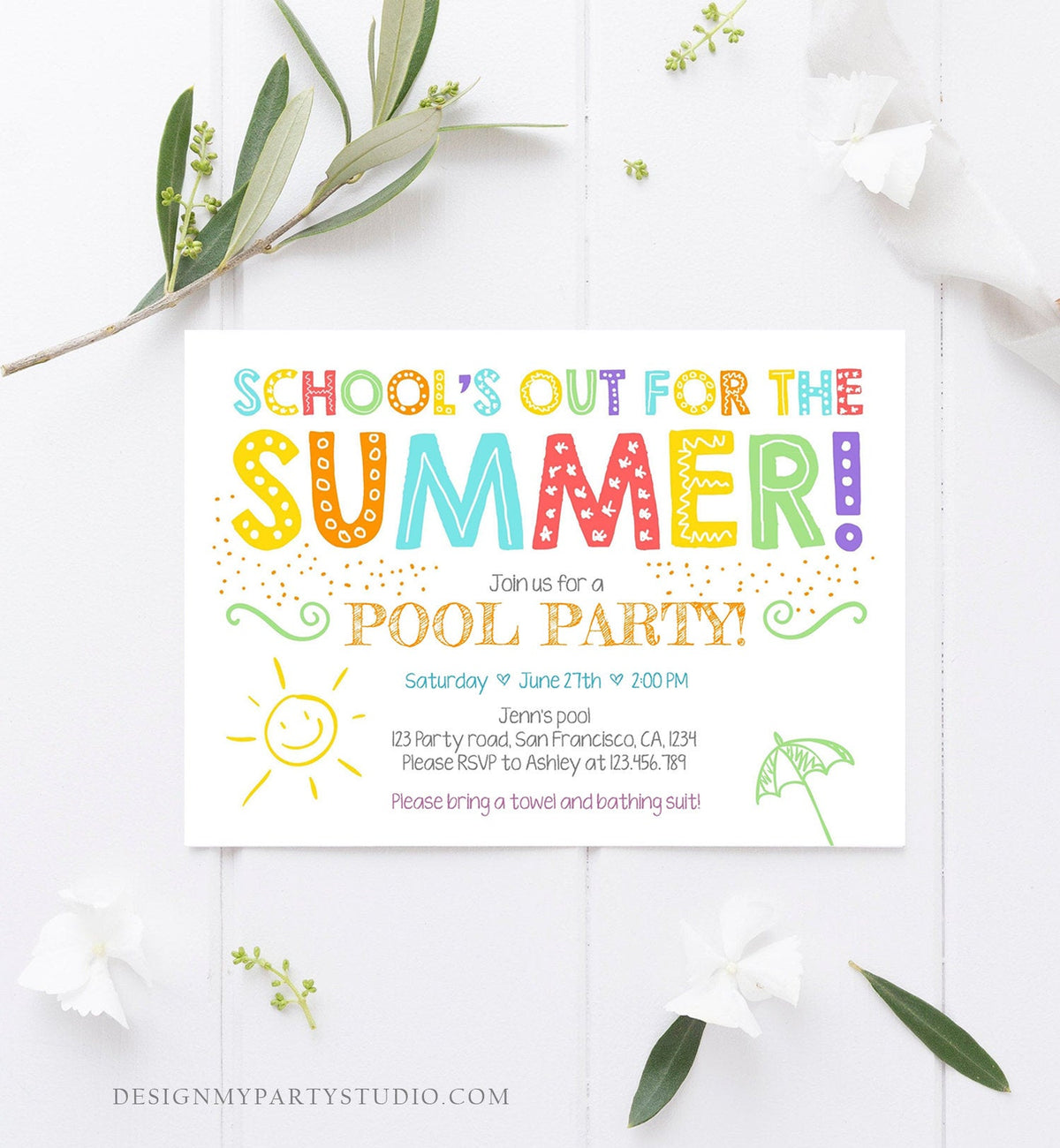 Editable School&#39;s Out For The Summer Pool Party Invitation Pink Girl Splish Splash Birthday Swimming Download Corjl Template Printable 0156