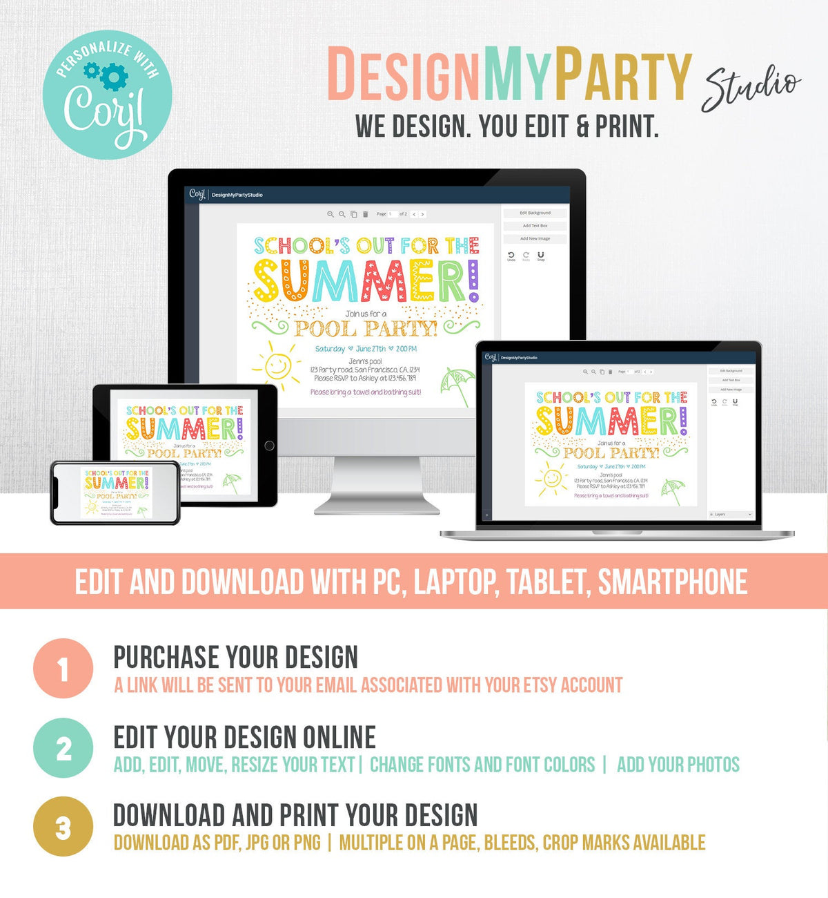 Editable School&#39;s Out For The Summer Pool Party Invitation Pink Girl Splish Splash Birthday Swimming Download Corjl Template Printable 0156