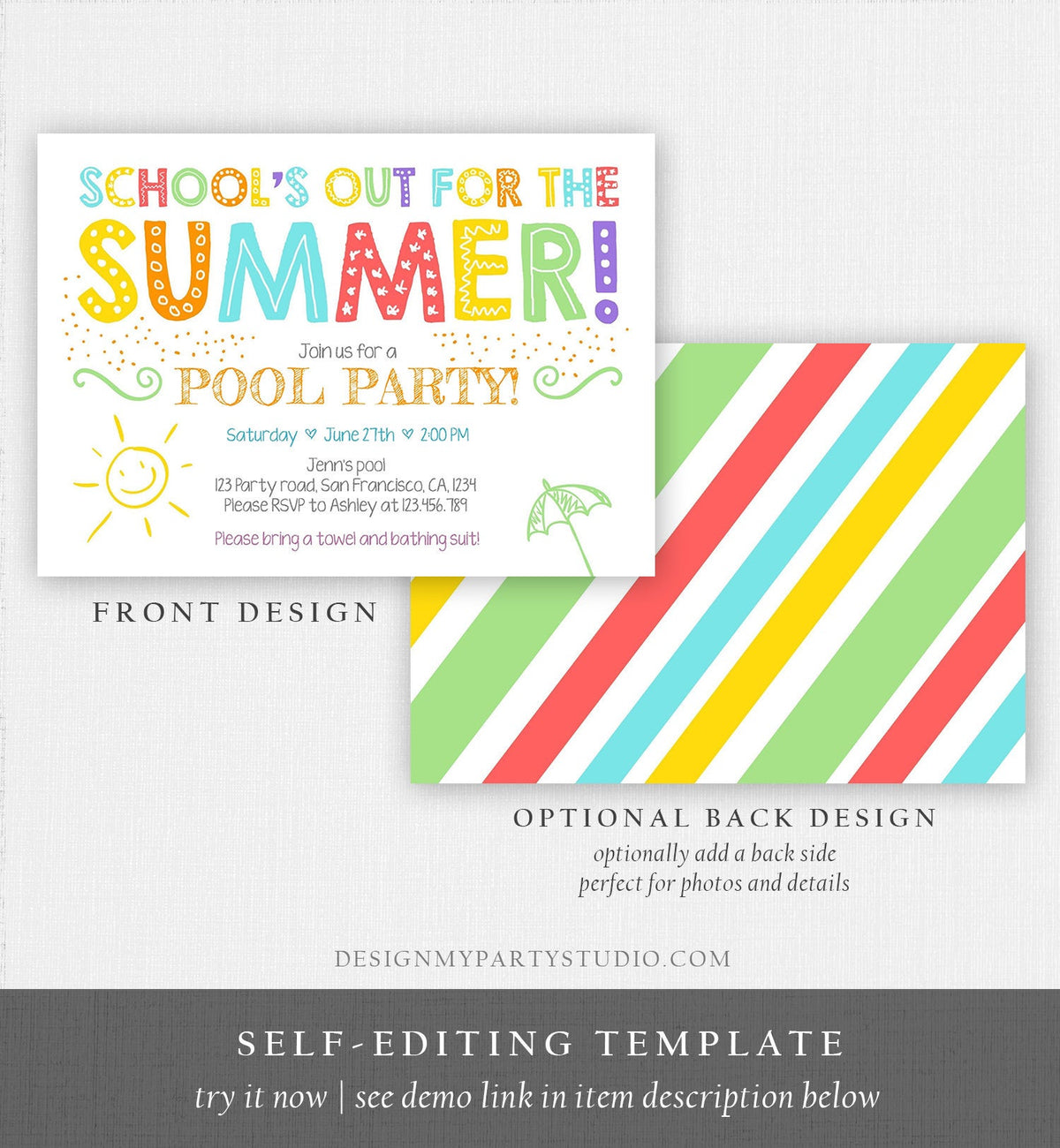 Editable School&#39;s Out For The Summer Pool Party Invitation Pink Girl Splish Splash Birthday Swimming Download Corjl Template Printable 0156