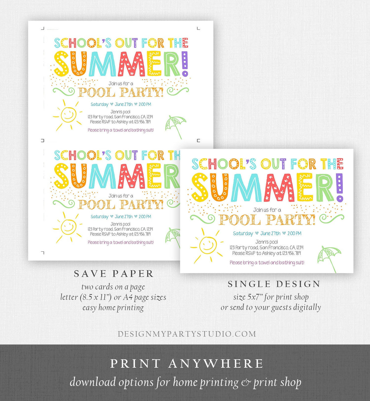 Editable School&#39;s Out For The Summer Pool Party Invitation Pink Girl Splish Splash Birthday Swimming Download Corjl Template Printable 0156
