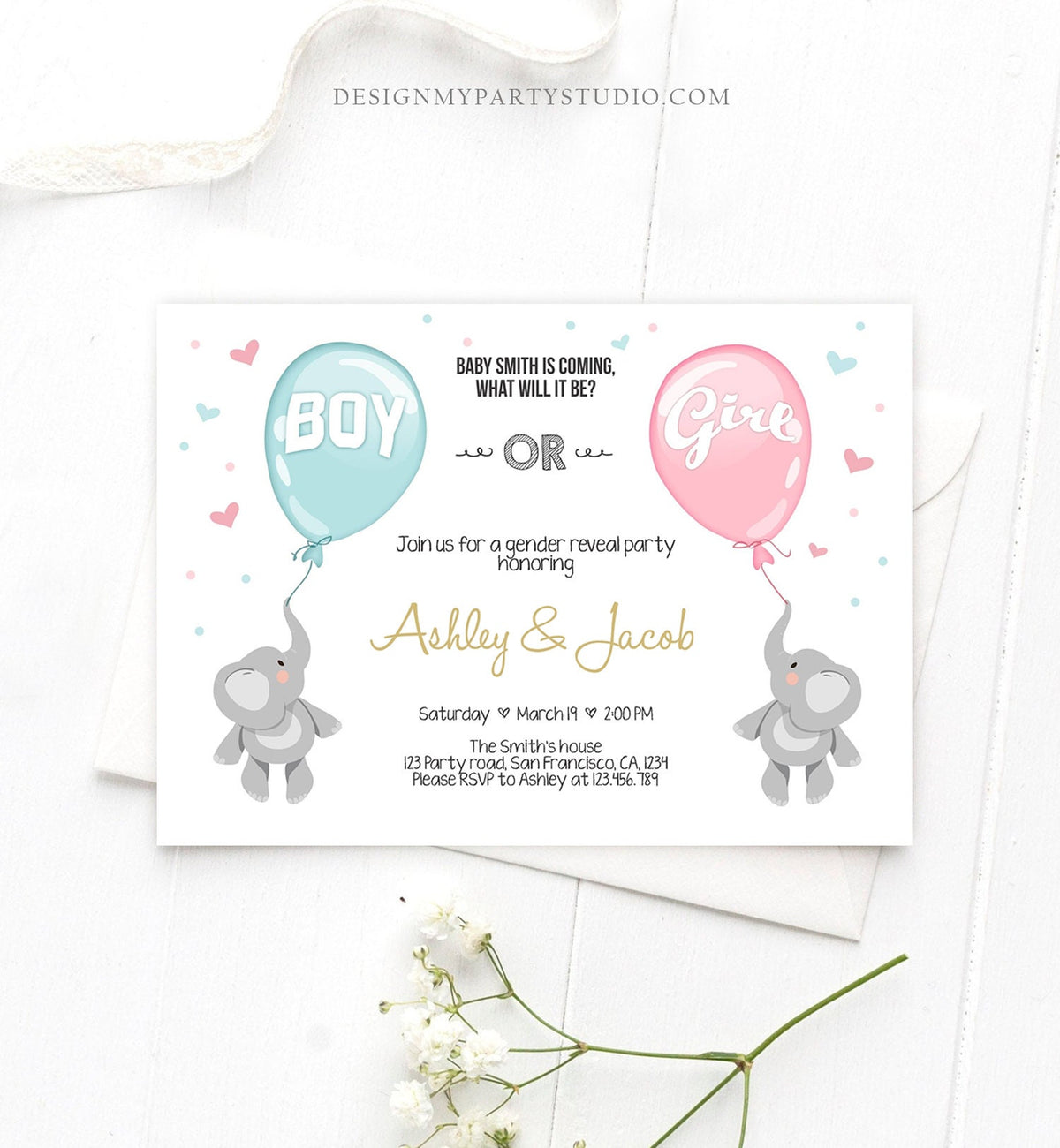 Editable Gender Reveal Invitation Elephants Boy or Girl Blue or Pink He or She Cute Elephant Hearts Download Printable Template Corjl 0037