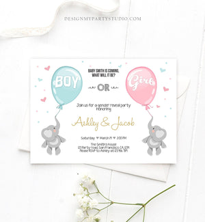 Editable Gender Reveal Invitation Elephants Boy or Girl Blue or Pink He or She Cute Elephant Hearts Download Printable Template Corjl 0037