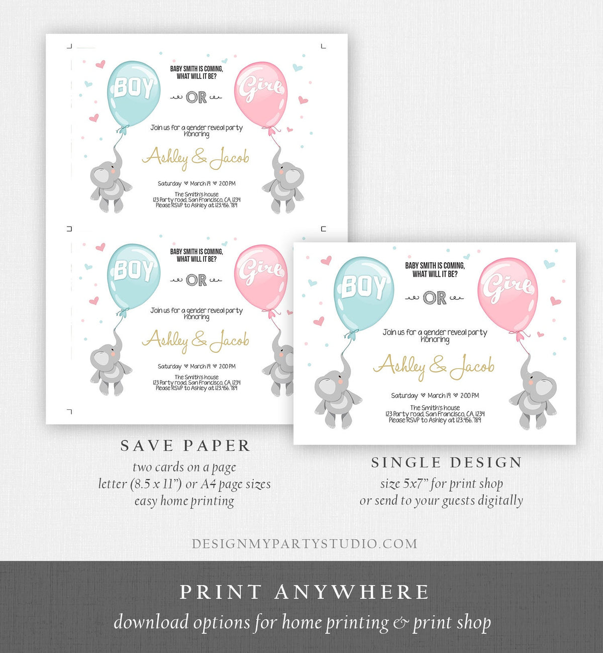 Editable Gender Reveal Invitation Elephants Boy or Girl Blue or Pink He or She Cute Elephant Hearts Download Printable Template Corjl 0037