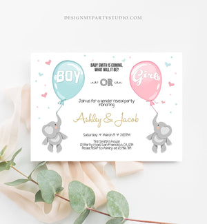Editable Gender Reveal Invitation Elephants Boy or Girl Blue or Pink He or She Cute Elephant Hearts Download Printable Template Corjl 0037