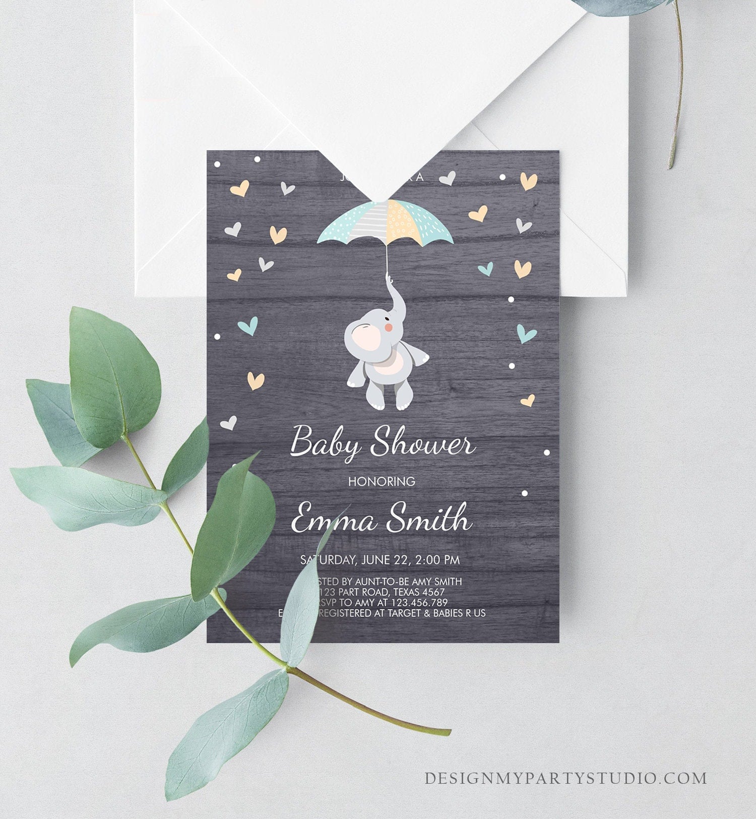 Editable Elephant Baby Shower Invitation Cute Boy Shower Invite Blue Little Peanut Umbrella Invitations Template Download Digital Corjl 0037