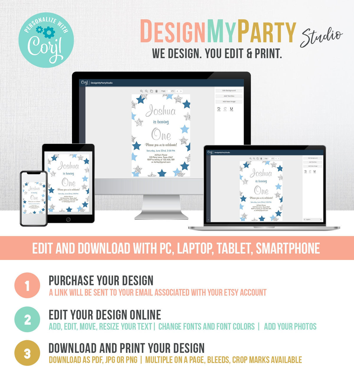 Editable Twinkle Twinkle Little Star Birthday Invitation Boy First Birthday Blue Silver Stars Download Printable Template Digital Corjl 0082