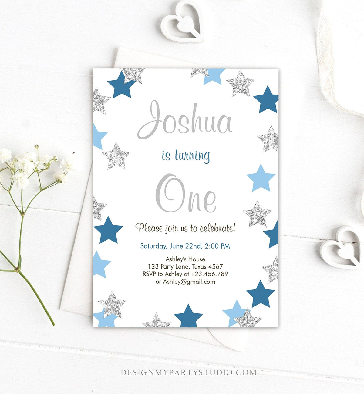 Editable Twinkle Twinkle Little Star Birthday Invitation Boy First Birthday Blue Silver Stars Download Printable Template Digital Corjl 0082