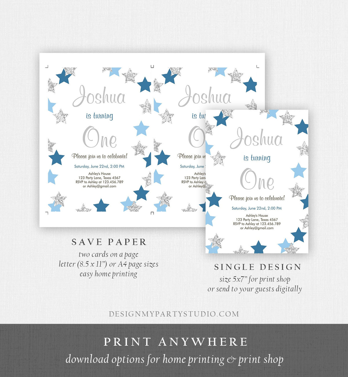 Editable Twinkle Twinkle Little Star Birthday Invitation Boy First Birthday Blue Silver Stars Download Printable Template Digital Corjl 0082