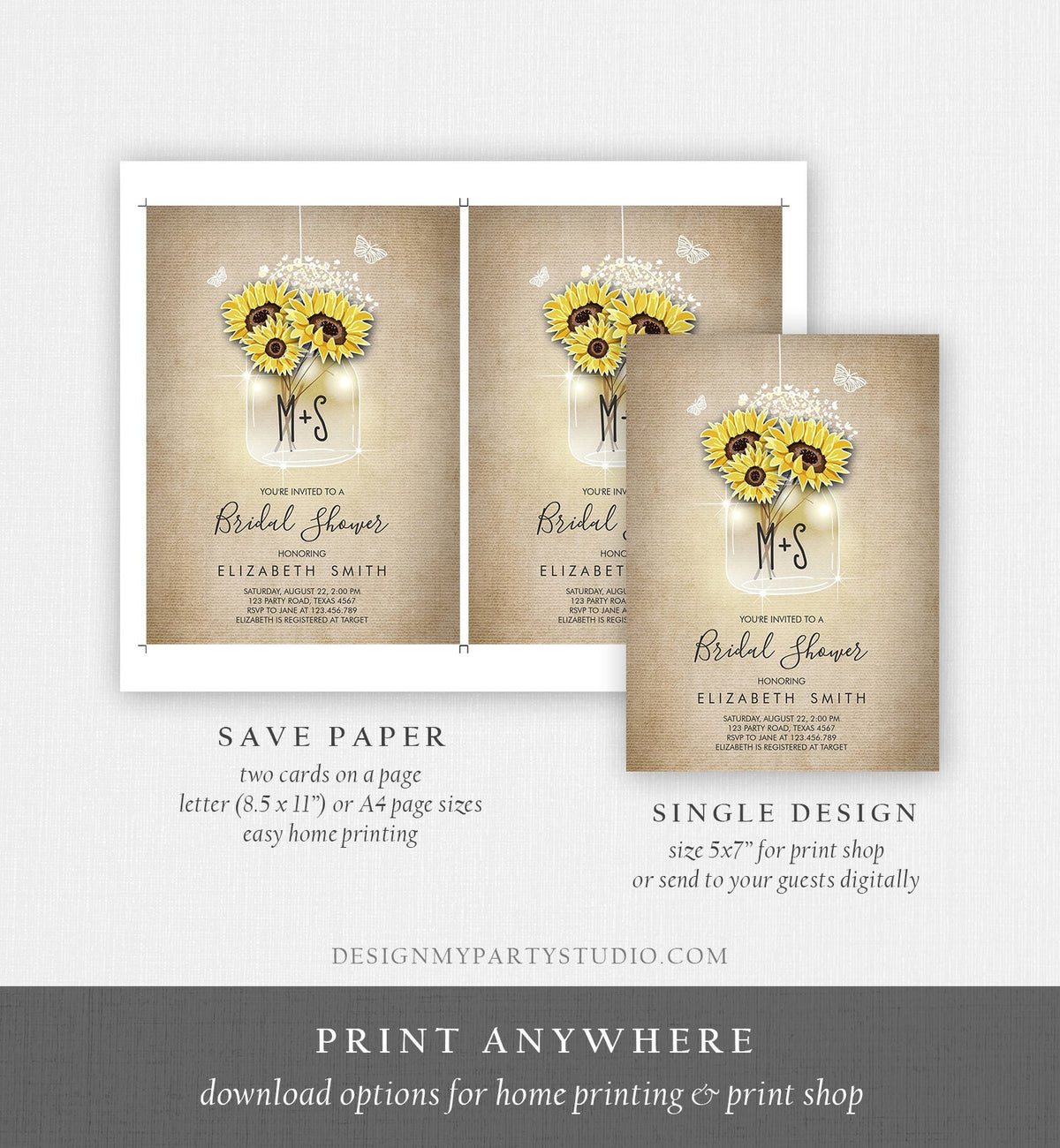 Editable Sunflowers Bridal Shower Invitation Rustic Sunflower Mason Jars Lights Butterfly Download Printable Template Corjl Digital 0116