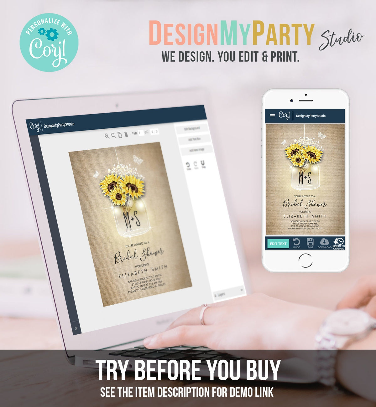 Editable Sunflowers Bridal Shower Invitation Rustic Sunflower Mason Jars Lights Butterfly Download Printable Template Corjl Digital 0116