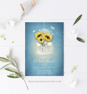 Editable Sunflowers Bridal Shower Invitation Rustic Sunflower Mason Jar Blue Spring Butterfly Download Printable Template Corjl Digital 0116