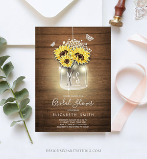 Editable Sunflowers Bridal Shower Invitation Rustic Sunflower Mason Jar Wood Spring Butterfly Download Printable Template Corjl Digital 0116
