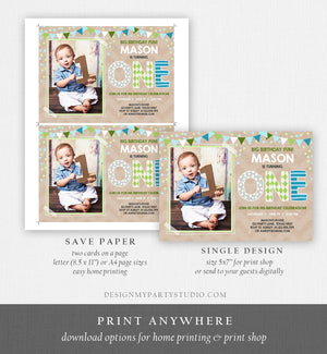 Editable Boy First Birthday Invitation One Green Blue Paper Chalk Confetti 1st Birthday Photo Digital Download Corjl Template Printable 0130