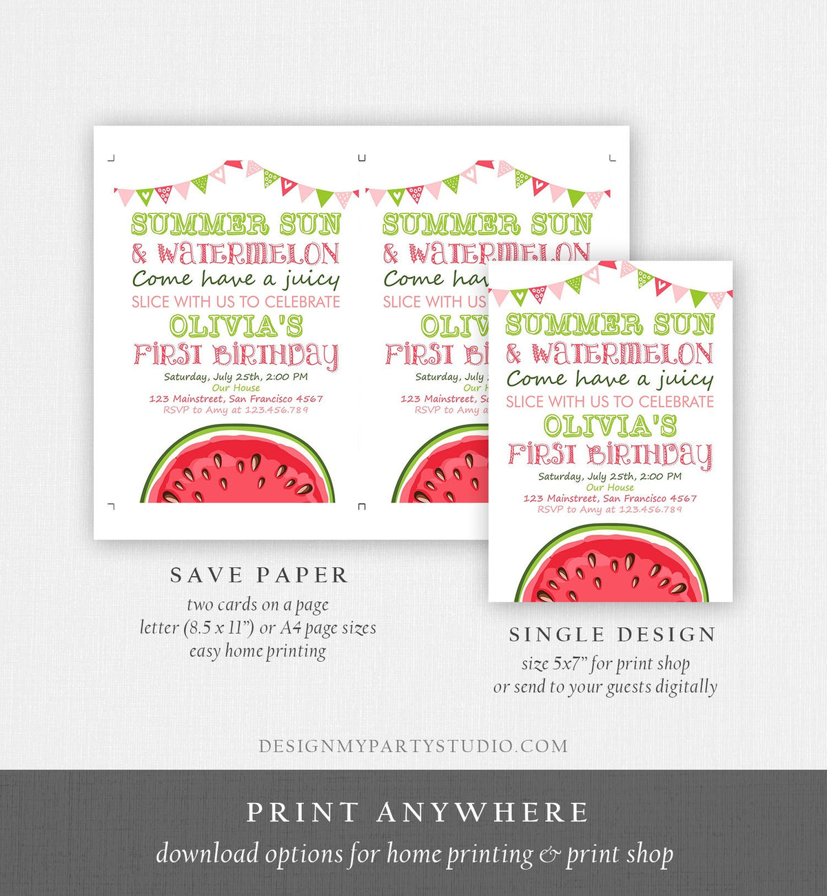 Editable Watermelon Birthday Invitation Girl One in a Melon Invite Melon Party Summer Fruit Instant Download Printable Template Corjl 0251
