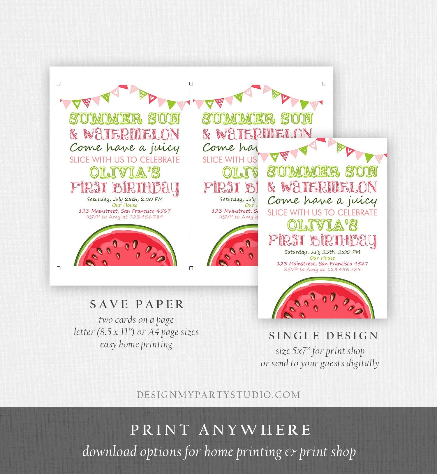 Editable Watermelon Birthday Invitation Girl One in a Melon Invite Melon Party Summer Fruit Instant Download Printable Template Corjl 0251