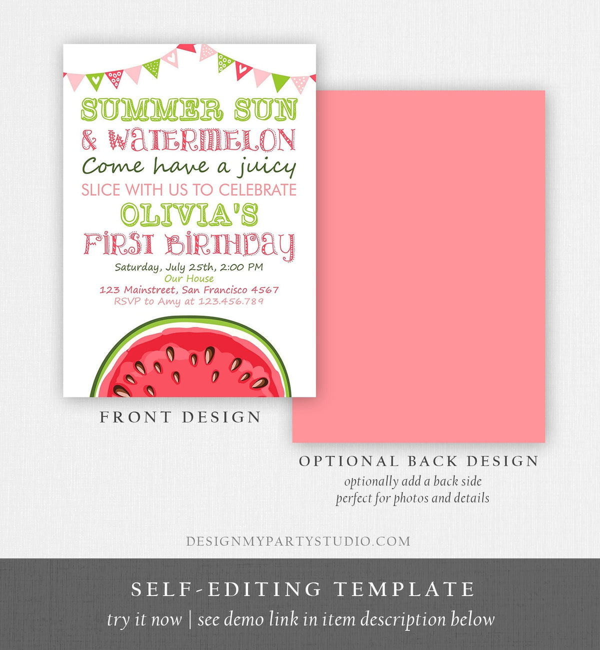 Editable Watermelon Birthday Invitation Girl One in a Melon Invite Melon Party Summer Fruit Instant Download Printable Template Corjl 0251